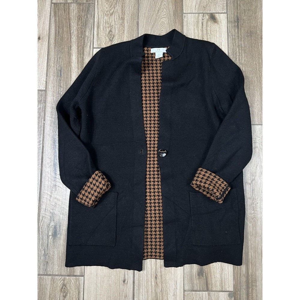 H by Halston Black Sz Large Cardigan Blazer Houndstooth Detail Long-Sleeve Knit